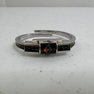 Jean Perret Geneve Enameled Watch Bracelet Black Floral Silver Tone Cuff Vintage